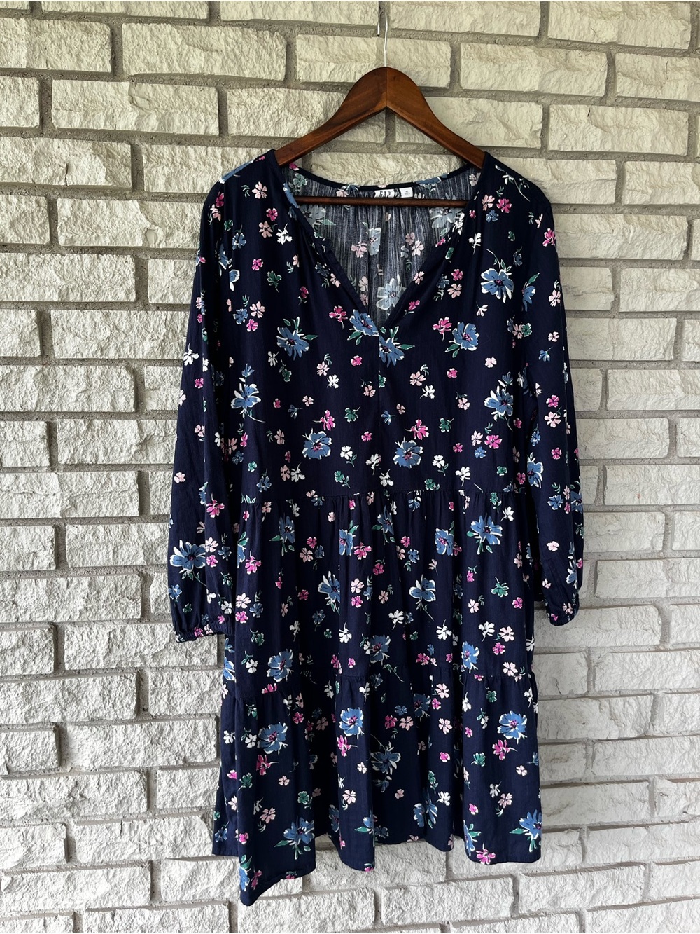 Gap Navy Pink White Floral V-neck Alone Puff Sleeve Dress Size XL